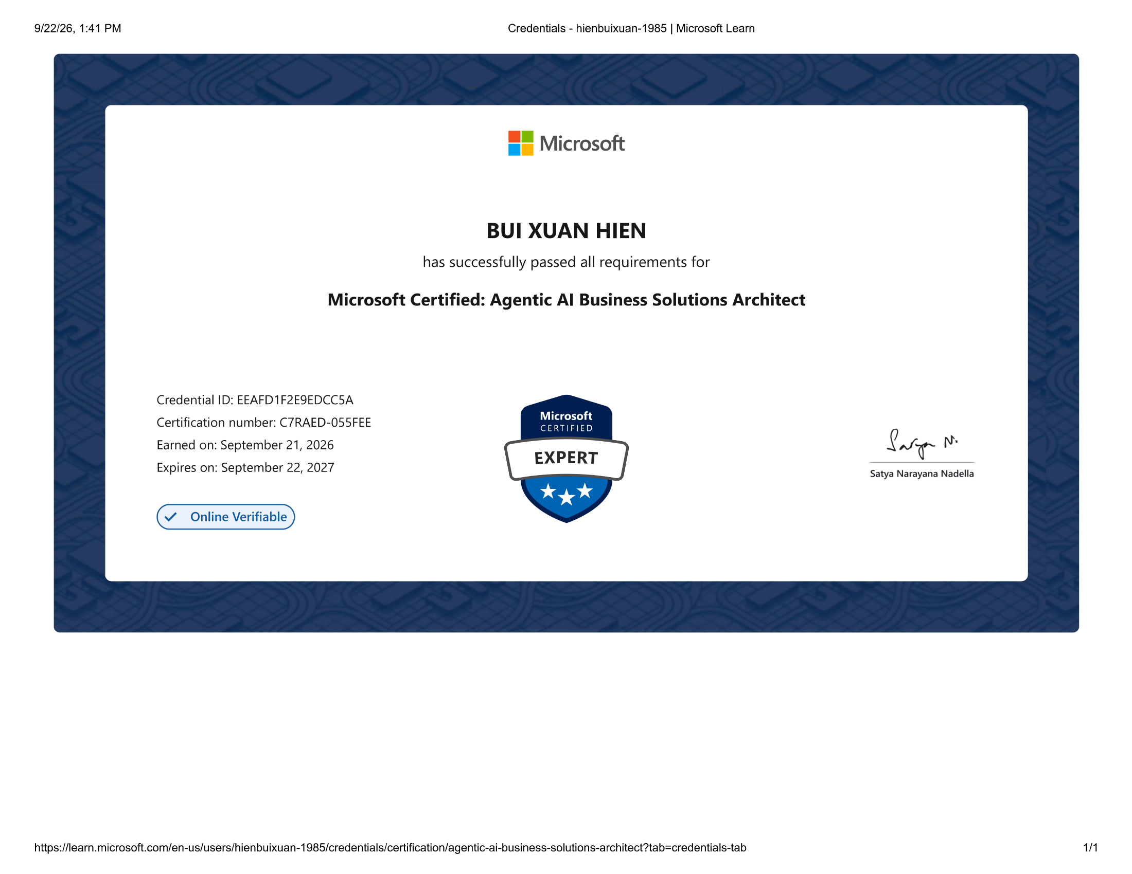 Microsoft Certified: Agentic AI Business Solutions Architect credential